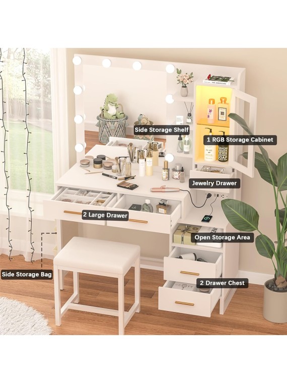 Makeup Vanity Desk with Mirror and Lights, White Vanity Desk with Charging Station, LED Cabinet, 5 Drawers & Storage Bag, Vanity Mirror with Lights Desk and Chair, Vanity Table Set with Stool