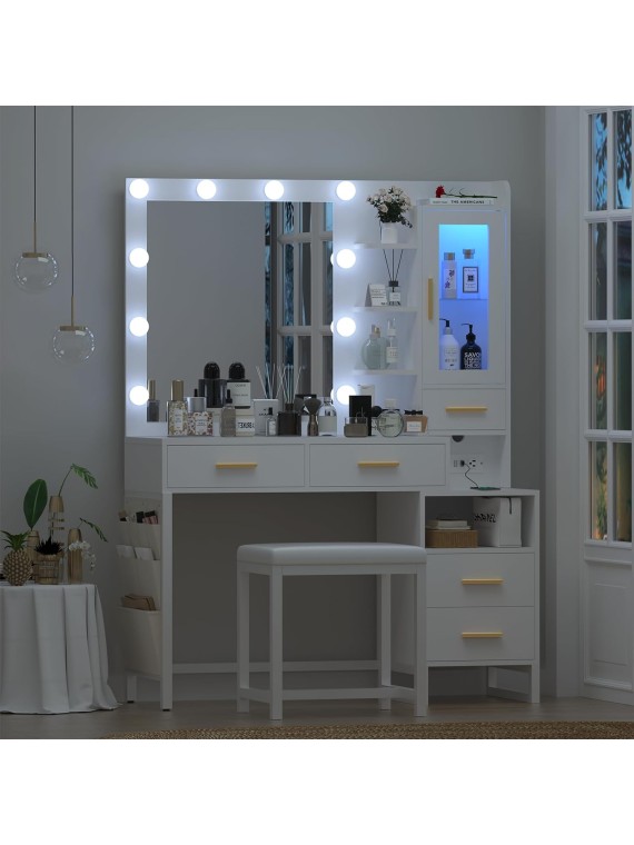 Makeup Vanity Desk with Mirror and Lights, White Vanity Desk with Charging Station, LED Cabinet, 5 Drawers & Storage Bag, Vanity Mirror with Lights Desk and Chair, Vanity Table Set with Stool