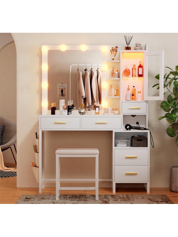 Makeup Vanity Desk with Mirror and Lights, White Vanity Desk with Charging Station, LED Cabinet, 5 Drawers & Storage Bag, Vanity Mirror with Lights Desk and Chair, Vanity Table Set with Stool