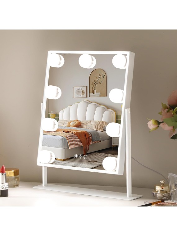 Vanity Mirror with Lights Hollywood Lighted Makeup Mirror with 9 Dimmable Bulbs & 3 Color Lighting Modes for Bedroom, Detachable 10X Magnification Mirror & 360 Degree Rotation(White)