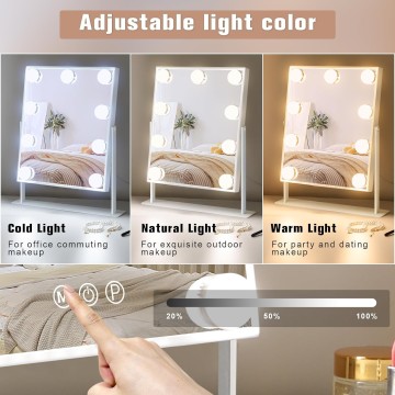 Vanity Mirror with Lights Hollywood Lighted Makeup Mirror with 9 Dimmable Bulbs & 3 Color Lighting Modes for Bedroom, Detachable 10X Magnification Mirror & 360 Degree Rotation(White)