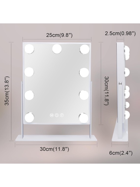 Vanity Mirror with Lights Hollywood Lighted Makeup Mirror with 9 Dimmable Bulbs & 3 Color Lighting Modes for Bedroom, Detachable 10X Magnification Mirror & 360 Degree Rotation(White)