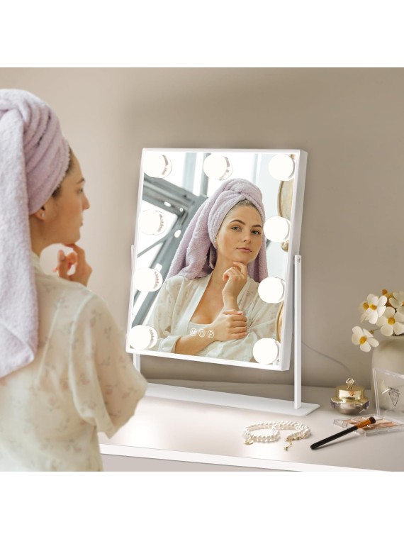 Vanity Mirror with Lights Hollywood Lighted Makeup Mirror with 9 Dimmable Bulbs & 3 Color Lighting Modes for Bedroom, Detachable 10X Magnification Mirror & 360 Degree Rotation(White)