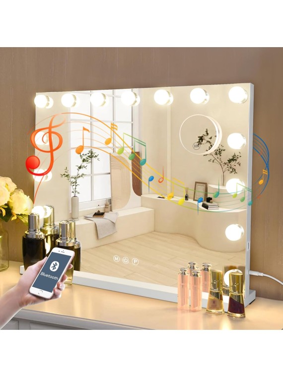 Hollywood Vanity Mirror with Lights and Bluetooth Speaker,3 Color Dimmable Lighted Makeup Mirror with 15 Led Bulbs & 10x Magnification Large Music Mirror with Smart Touch Control for Wall & Desk