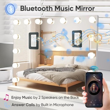 Hollywood Vanity Mirror with Lights and Bluetooth Speaker,3 Color Dimmable Lighted Makeup Mirror with 15 Led Bulbs & 10x Magnification Large Music Mirror with Smart Touch Control for Wall & Desk