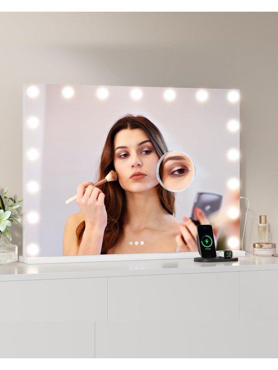 Vanity Mirror with Lights, 32" x 24" Makeup Mirror with Lights, Hollywood Lighted Vanity Mirror with 17 Dimmable LED Bulbs, 3 Color Modes, Light up Mirror with Touch Control for Bedroom, Tabletop