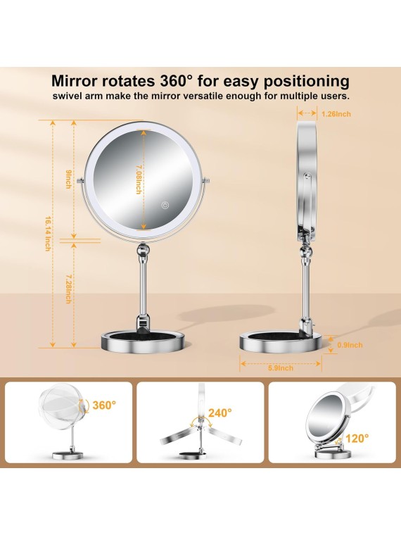 Lighted Makeup Mirror [Brightness Enhanced Version], Real 2500mah Rechargeable Double Sided 10x Magnifying Mirror with 3 Colors Tabletop Standing Vanity Mirror with Adjustable Height,Chrome