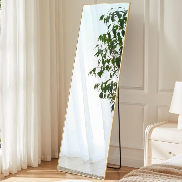 Full Length Mirror Full Body Floor Mirror Standing Hanging or Leaning Wall Mirror with Stand Aluminum Alloy Thin Frame for Bedroom Cloakroom, Gold