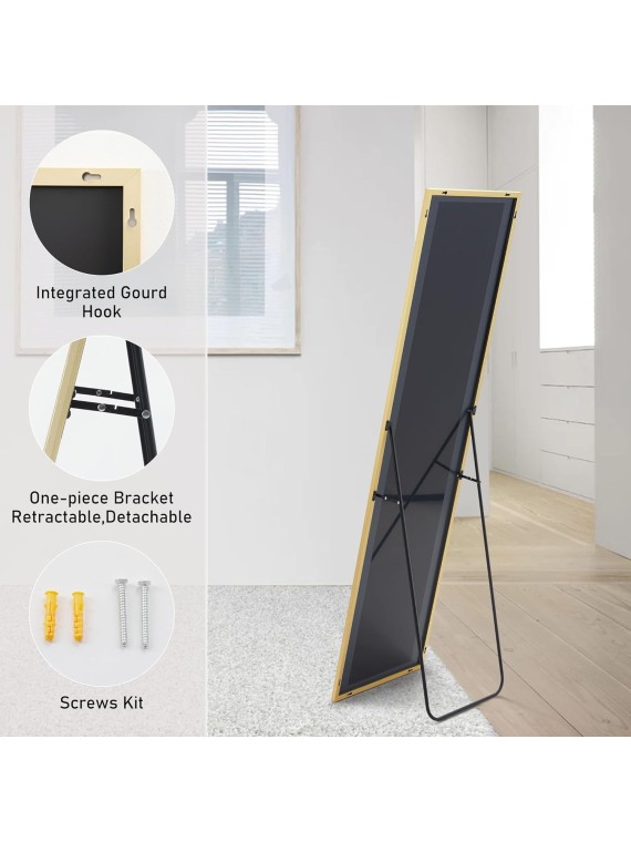 Full Length Mirror Full Body Floor Mirror Standing Hanging or Leaning Wall Mirror with Stand Aluminum Alloy Thin Frame for Bedroom Cloakroom, Gold