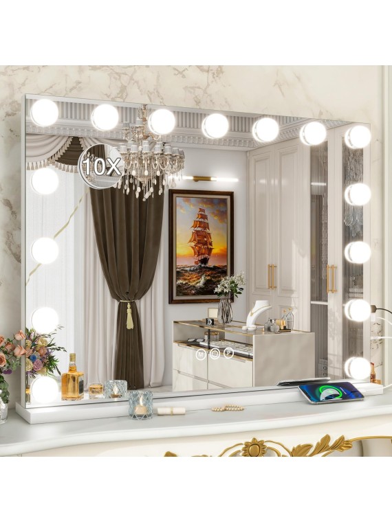 Hollywood Vanity Mirror with Lights 32x25 Large Lighted Makeup Mirror 10X Magnification 15 Dimmable LED Bulbs and 3 Color Lighting with USB Charging Port for Desk Tabletop or Wall-Mounted