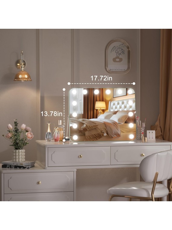 Hollywood Vanity Mirror with Lights, 18" x 14" LED Makeup Mirror, 3 Modes Light, Smart Touch Control Dimmable, 360°Rotation, Rounded Rectangle White Frame, with 5X magnifying glass