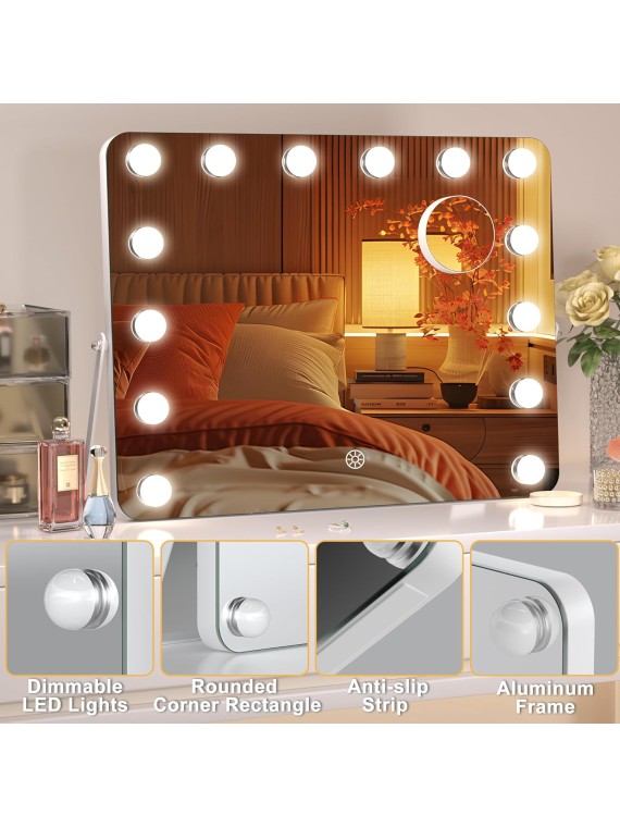 Hollywood Vanity Mirror with Lights, 18" x 14" LED Makeup Mirror, 3 Modes Light, Smart Touch Control Dimmable, 360°Rotation, Rounded Rectangle White Frame, with 5X magnifying glass