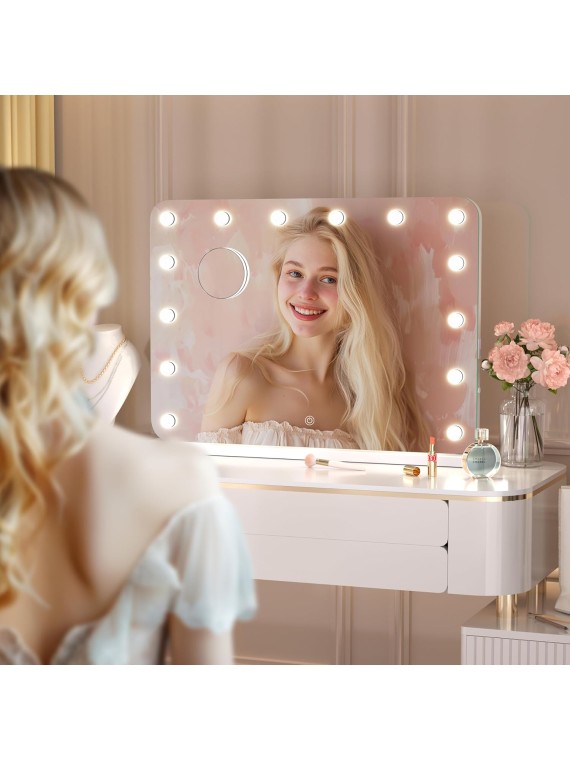 28''X20'' Hollywood Vanity Mirror, Rounded Rectangle White Frame Vanity Mirror with Lights, 3 Color Lighting Modes & Stepless Dimming, USB & Type-C Charging Port, Wall Mounted Or Tabletop