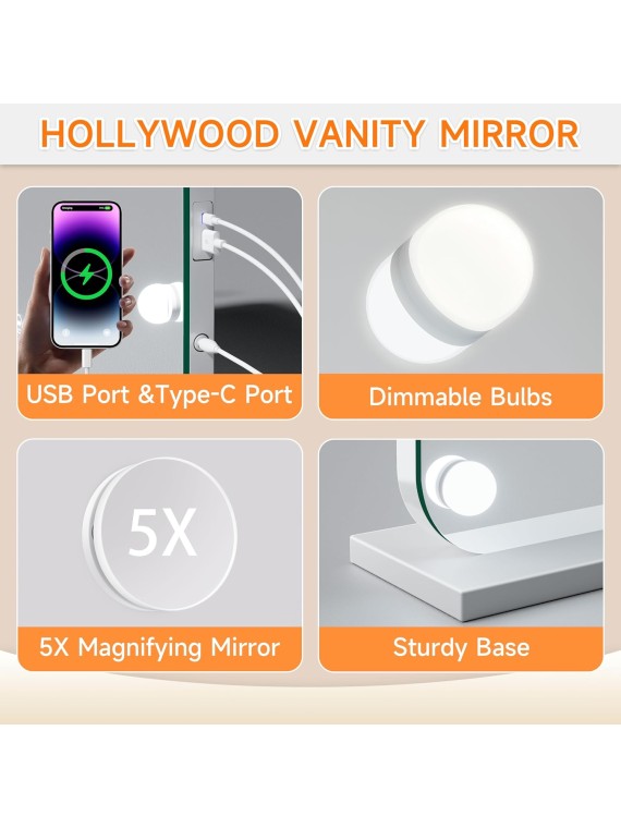 28''X20'' Hollywood Vanity Mirror, Rounded Rectangle White Frame Vanity Mirror with Lights, 3 Color Lighting Modes & Stepless Dimming, USB & Type-C Charging Port, Wall Mounted Or Tabletop