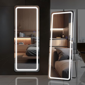 Full Length Mirror with LED Lights, 63"x20" Full Body Mirror, Free Standing & Wall Mounted Hanging Mirror with Light for Bedroom, Aluminum Frame, Dimming & 3 Color Lighting (White)