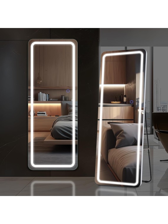 Full Length Mirror with LED Lights, 63"x20" Full Body Mirror, Free Standing & Wall Mounted Hanging Mirror with Light for Bedroom, Aluminum Frame, Dimming & 3 Color Lighting (White)