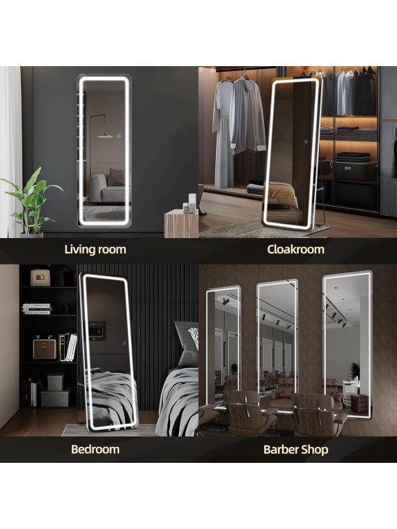 Full Length Mirror with LED Lights, 63"x20" Full Body Mirror, Free Standing & Wall Mounted Hanging Mirror with Light for Bedroom, Aluminum Frame, Dimming & 3 Color Lighting (White)